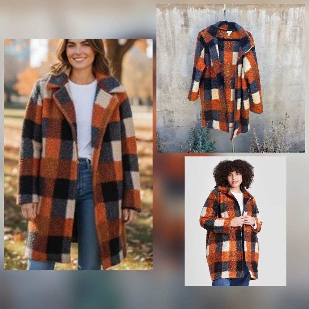 Ava&Viv Oversized Chunky Rust Plaid Shearling Shacket